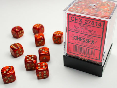 36 Scarlet/gold Scarab 12mm D6 Dice Block - CHX27814