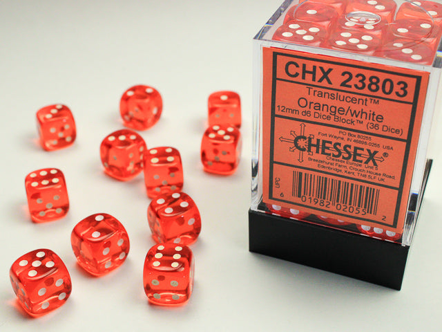 36 12mm Orange w/White Translucent D6 Dice Block - CHX23803