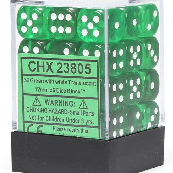 36 Translucent Green/white 12mm D6 Dice Block - CHX23805