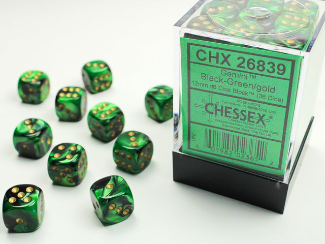 36 12mm Black-Green w/Gold Gemini D6 Dice Block - CHX26839