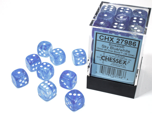 36 Borealis Sky Blue/white 12mm D6 Dice Block - CHX27986