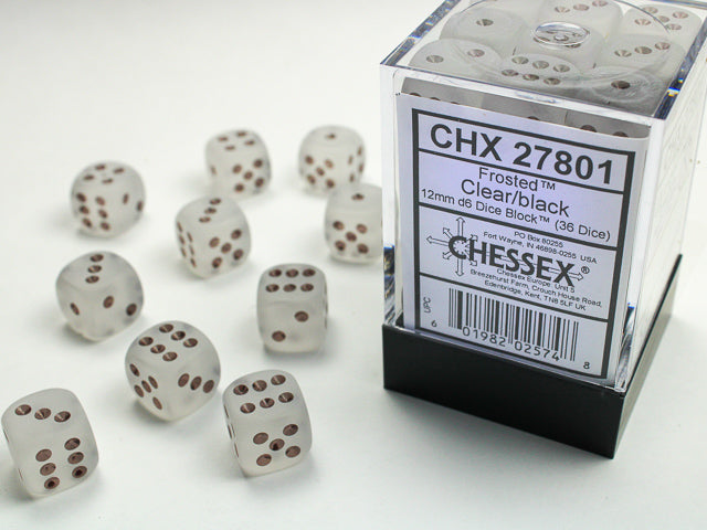 36 12mm Clear w/Black Frosted D6 Dice - CHX27801