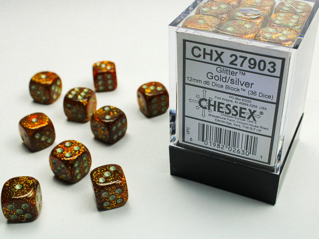 36 Glitter Gold/silver 12mm D6 Dice Block - CHX27903