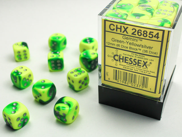 36 12mm Green-Yellow w/Silver Gemini D6 Dice Block - CHX26854