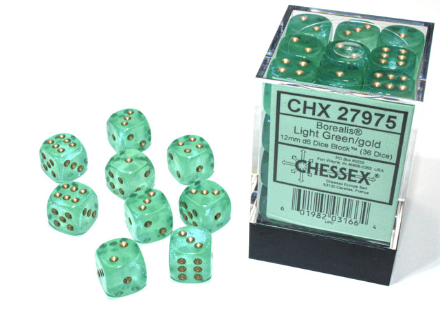 36 12mm Light Green w/Gold Borealis Luminary D6 Dice - CHX27975