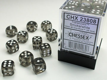 36 12mm Smoke w/White Translucent D6 Dice Block - CHX23808