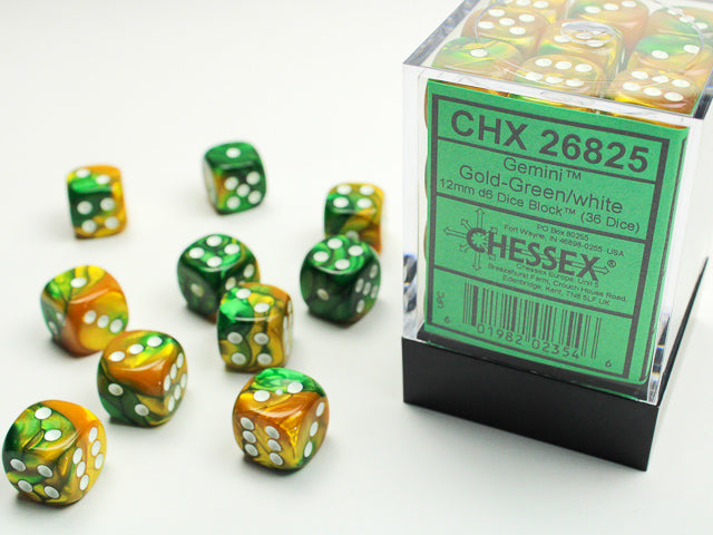 36 12mm Green-Gold w/White Gemini D6 Dice Block - CHX26825