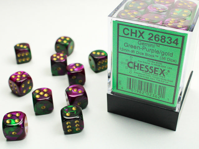 36 12mm Green-Purple w/Gold Gemini D6 Dice Block - CHX26834