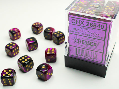 36 Gemini Black-Purple w/ Gold 12mm D6 Set - CHX26840