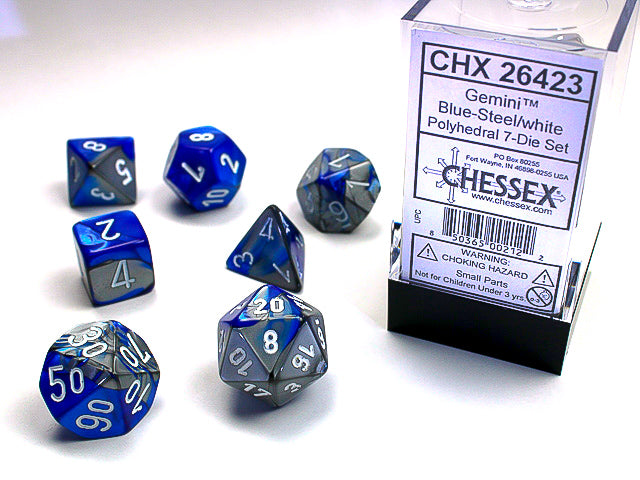 Gemini Blue-Steel/white Polyhedral 7-Die Set - CHX26423